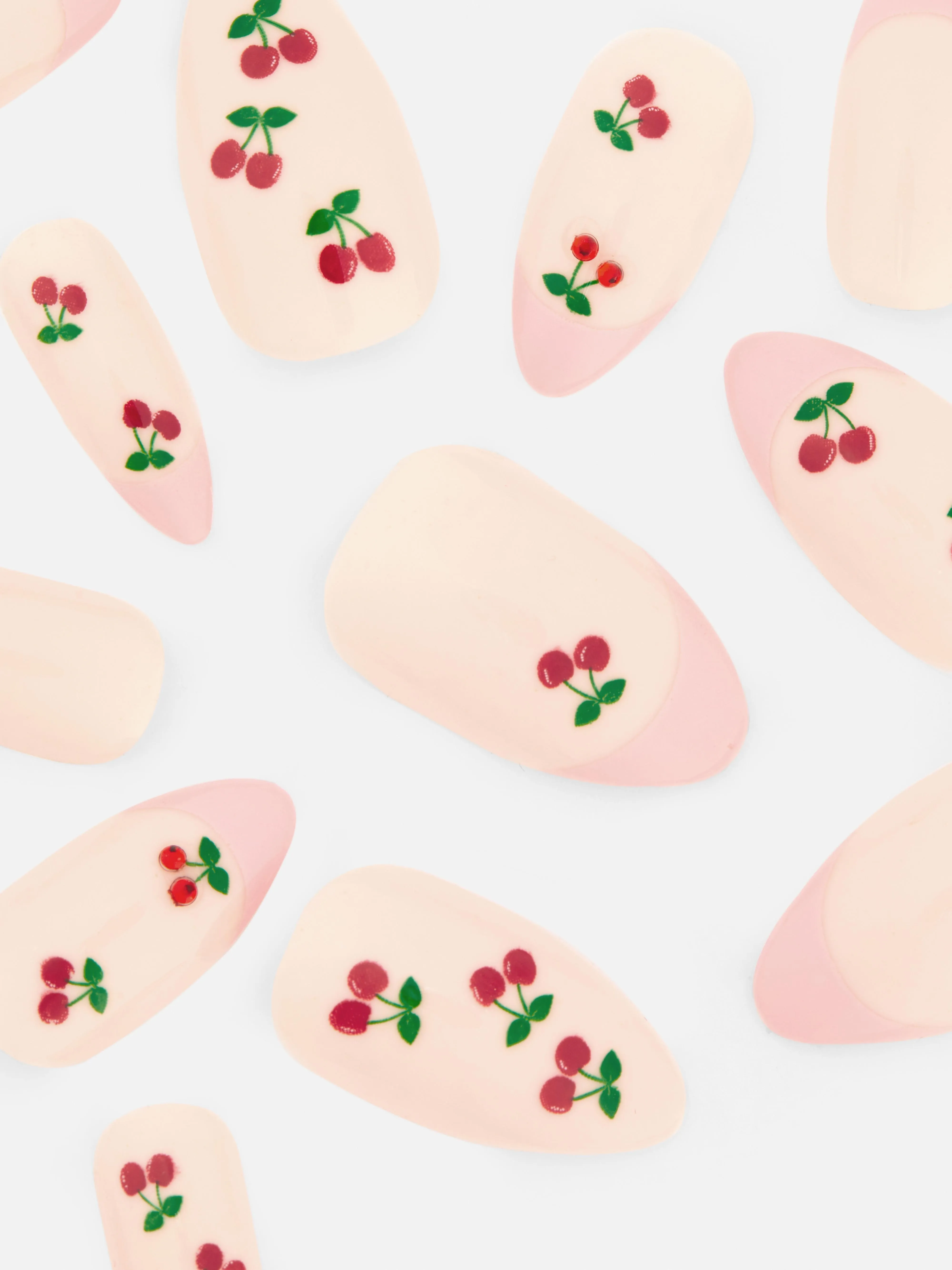 Uñas postizas brillantes puntiagudas con cerezas de PS...