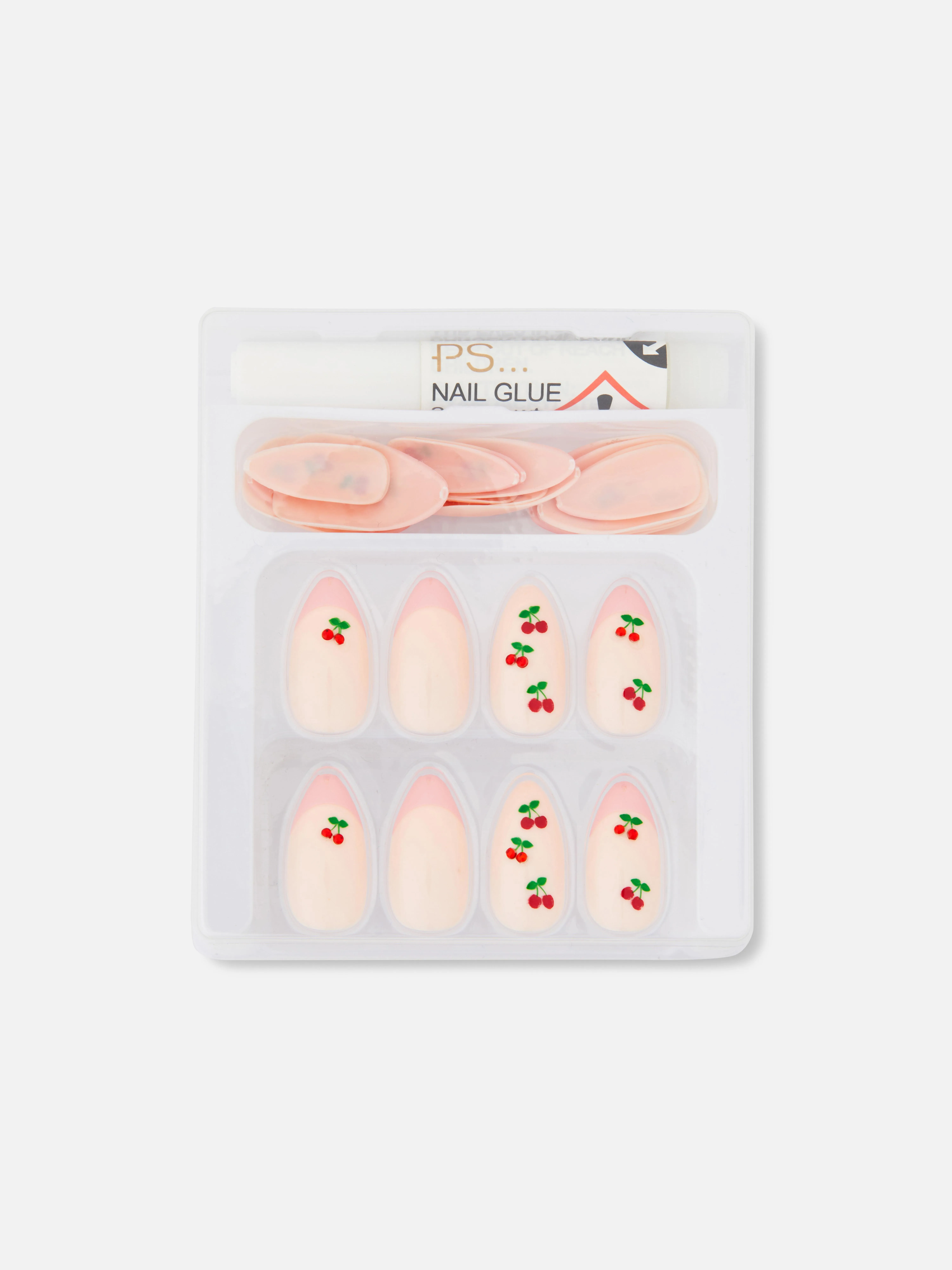 Uñas postizas brillantes puntiagudas con cerezas de PS...