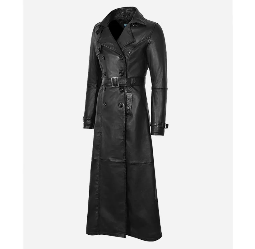 Women Full Length Leather Coat Classic Black Double Breasted Trench Coat with Waist Belt